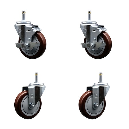 Service Caster 4'' Maroon Poly Wheel Swivel 7/16'' Grip Ring Stem Caster Set 2 Brakes, 4PK SCC-GR20S414-PPUB-MRN-TLB-716138-2S2